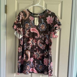 Floral Ruffle Sleeve Top - Pink and Gray